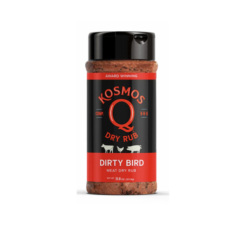 “Kosmos Q Dirty Bird Rub seasoning bottle on white background”