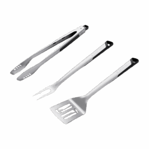 Set of stainless-steel grill tools including spatula, fork, and tongs