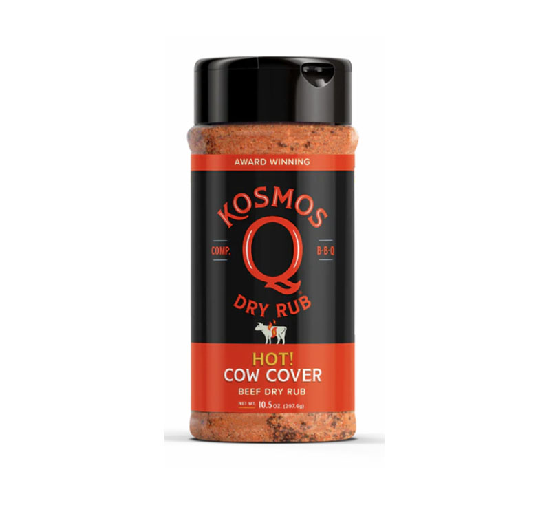 “Cow Cover HOT Rub seasoning bottle with spicy red beef blend”
