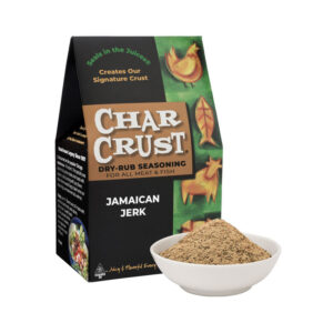 Char Crust Jamaican Jerk seasoning box with bold Caribbean flavor.