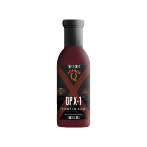 “Bottle of Kosmos Q OP X-1 BBQ Sauce with smoky sweet flavor”