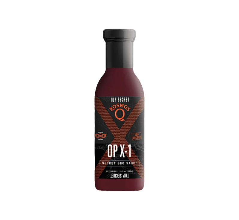 “Bottle of Kosmos Q OP X-1 BBQ Sauce with smoky sweet flavor”