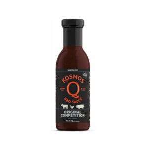 “Bottle of Kosmos Q Competition BBQ Sauce with sweet smoky flavor”
