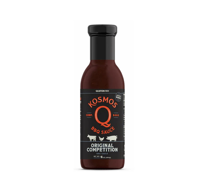 “Bottle of Kosmos Q Competition BBQ Sauce with sweet smoky flavor”