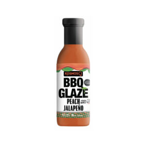 “Bottle of Peach Jalapeño BBQ Glaze with glossy sweet-heat finish”