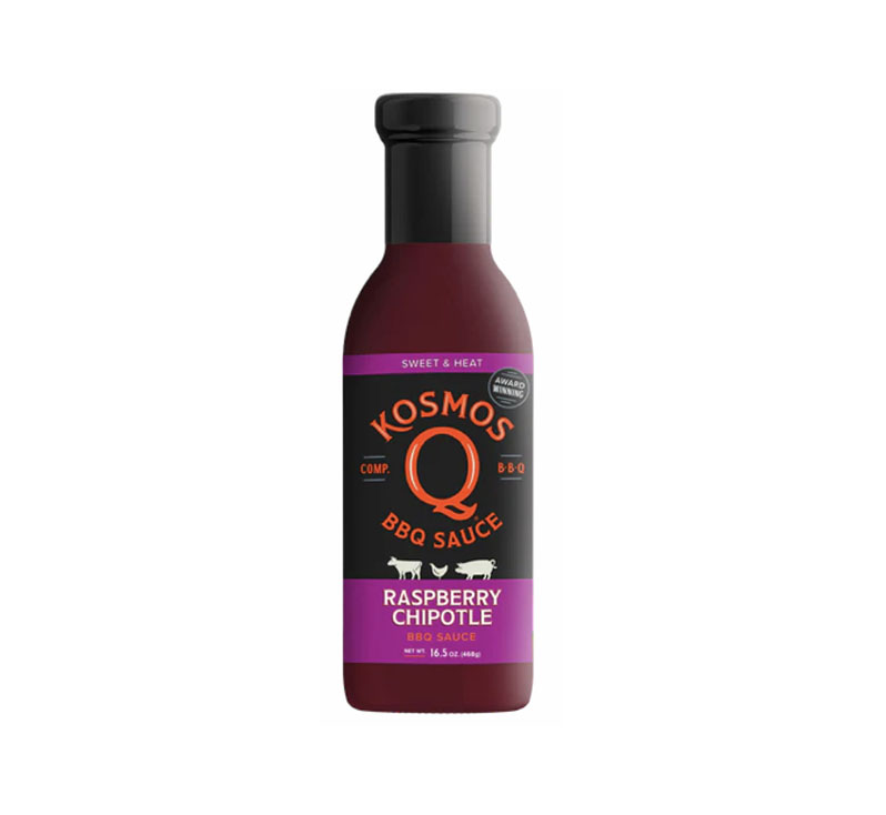 “Bottle of Kosmos Q Raspberry Chipotle BBQ Sauce with sweet and smoky flavor”