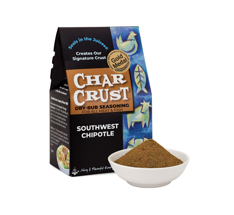 Char Crust Southwest Chipotle seasoning box with smoky chipotle flavor.