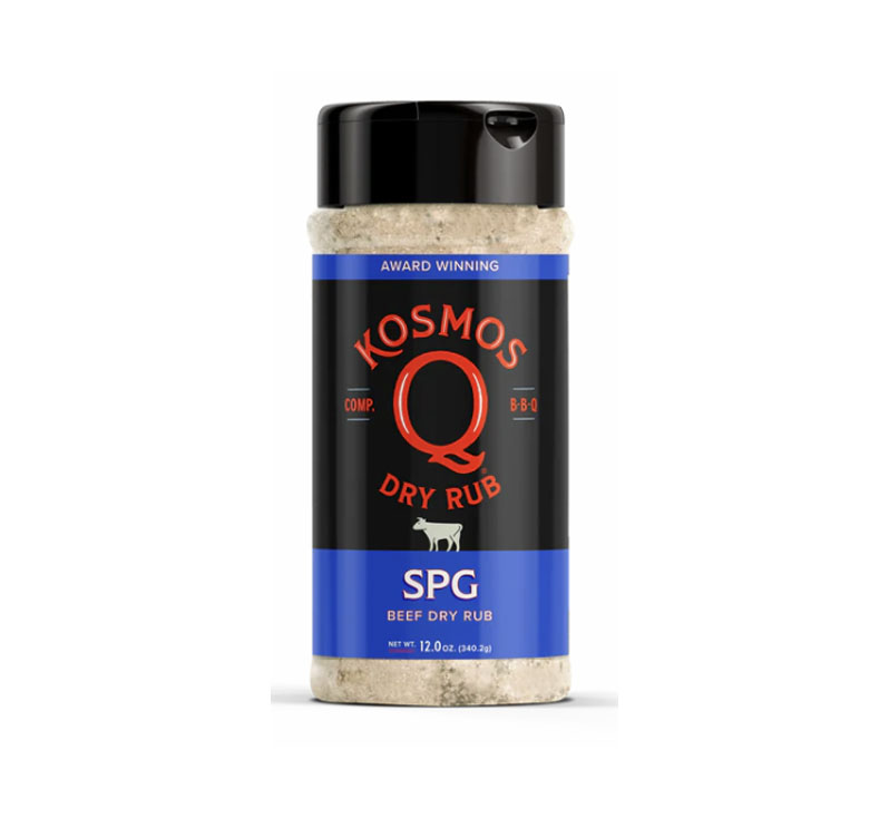 “SPG Rub seasoning bottle featuring salt, pepper, and garlic blend”