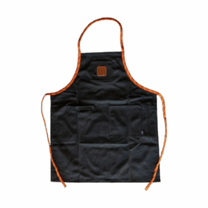 Waxed canvas BBQ apron front view with orange tie strings