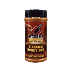 Bottle of Butcher BBQ Honey Rub 5 Alarm with bold sweet heat BBQ label