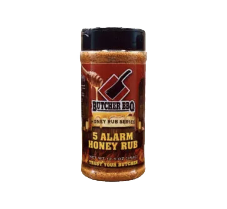 Bottle of Butcher BBQ Honey Rub 5 Alarm with bold sweet heat BBQ label
