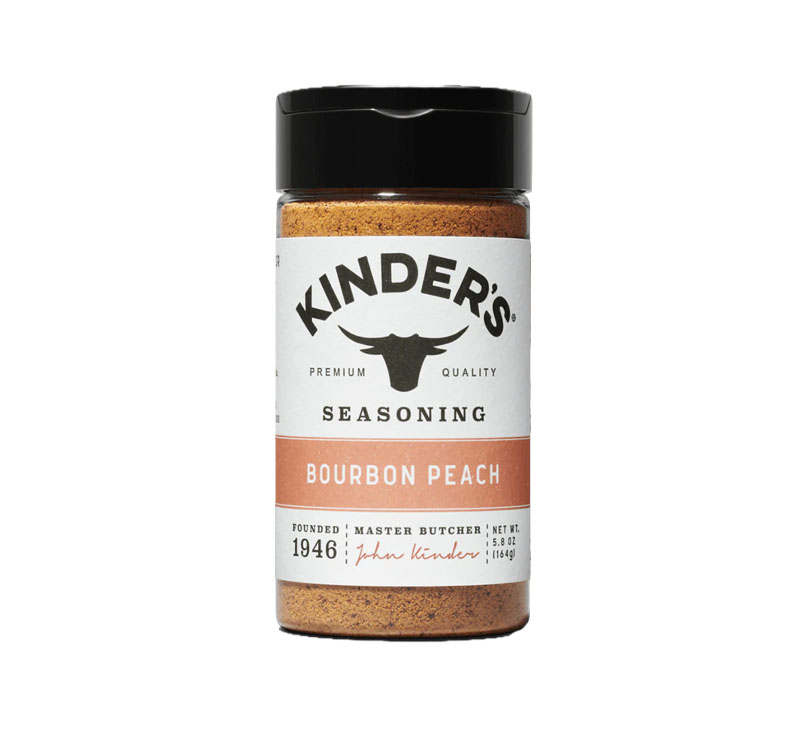 Kinder’s Bourbon Peach Seasoning bottle displayed upright