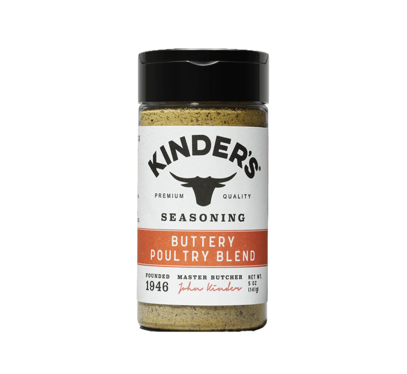 Kinder’s Buttery Poultry Blend Seasoning bottle on display