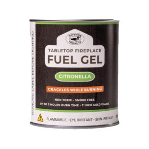 Citronella ethanol fuel gel container for tabletop and outdoor heating