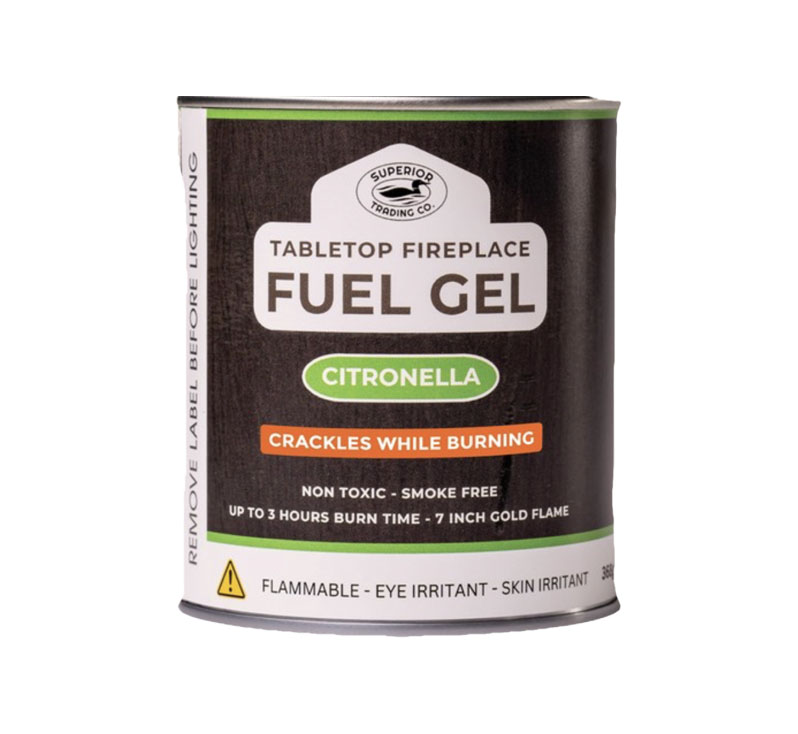 Citronella ethanol fuel gel container for tabletop and outdoor heating