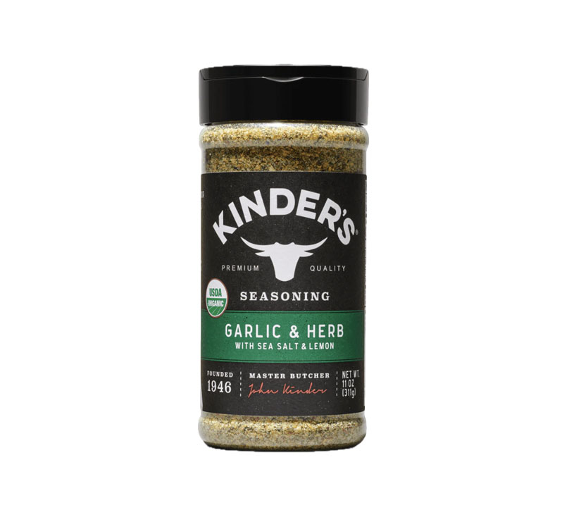 Kinder’s Organic Garlic & Herb Seasoning bottle on display