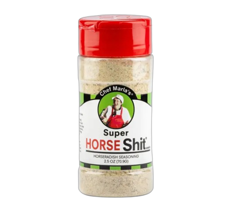Horse Shit Horseradish Seasoning bottle with bold horseradish-themed design