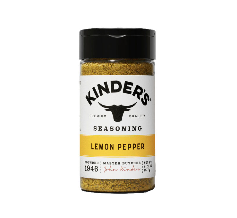 Kinder’s Lemon Pepper Seasoning bottle displayed upright