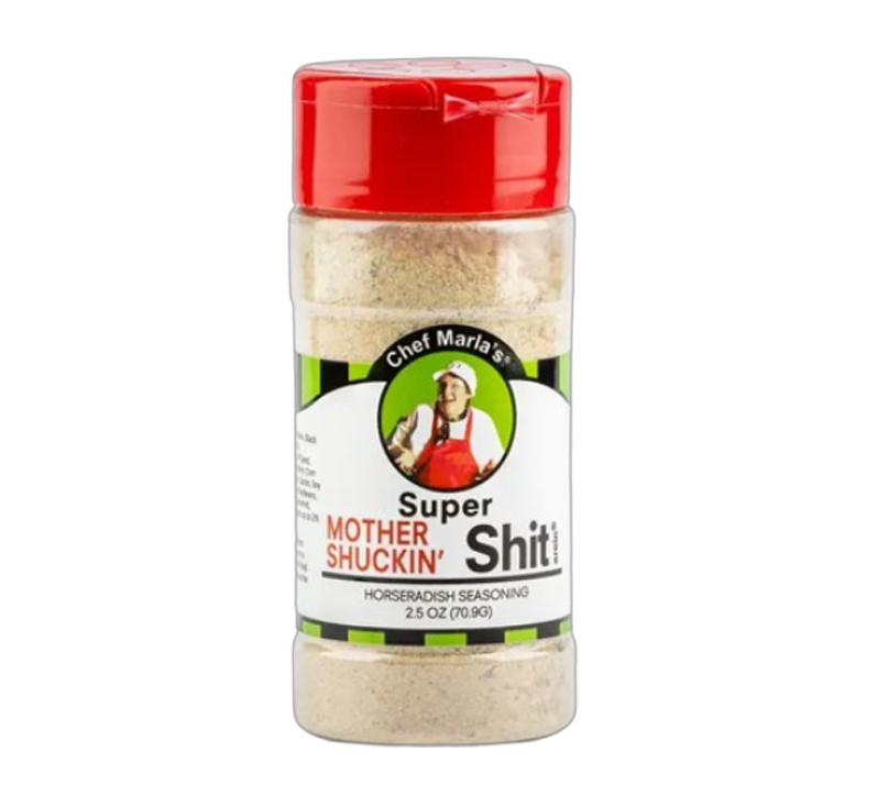 Mother Shuckin' Shit Seafood Horseradish Seasoning bottle with coastal branding