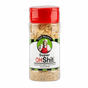 Oh Shit Onion & Garlic Seasoning bottle with savory-themed label