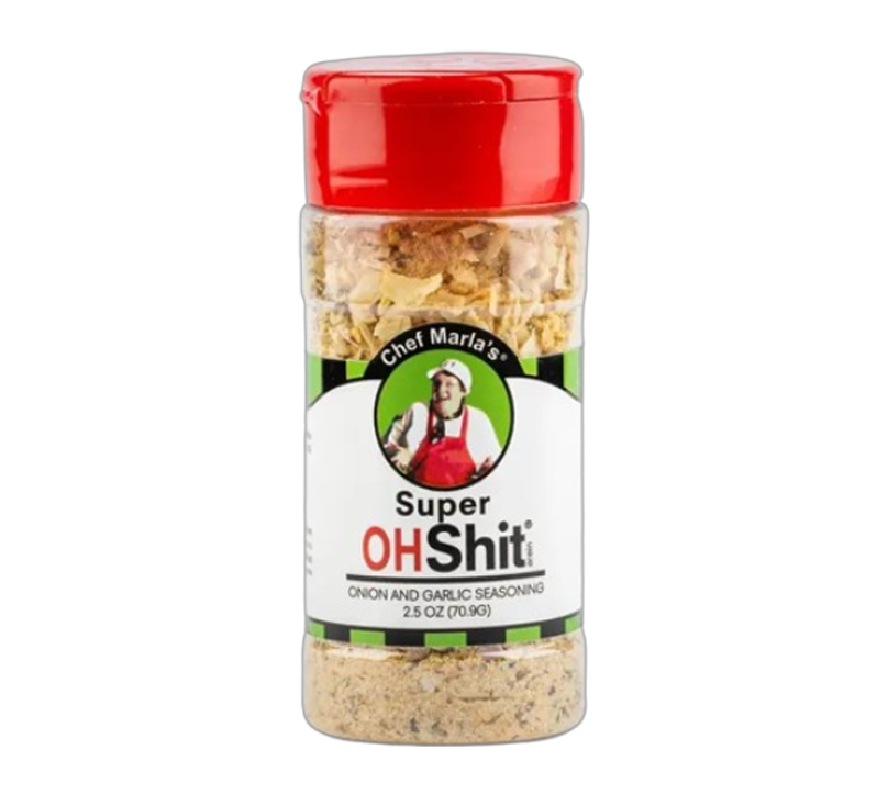 Oh Shit Onion & Garlic Seasoning bottle with savory-themed label