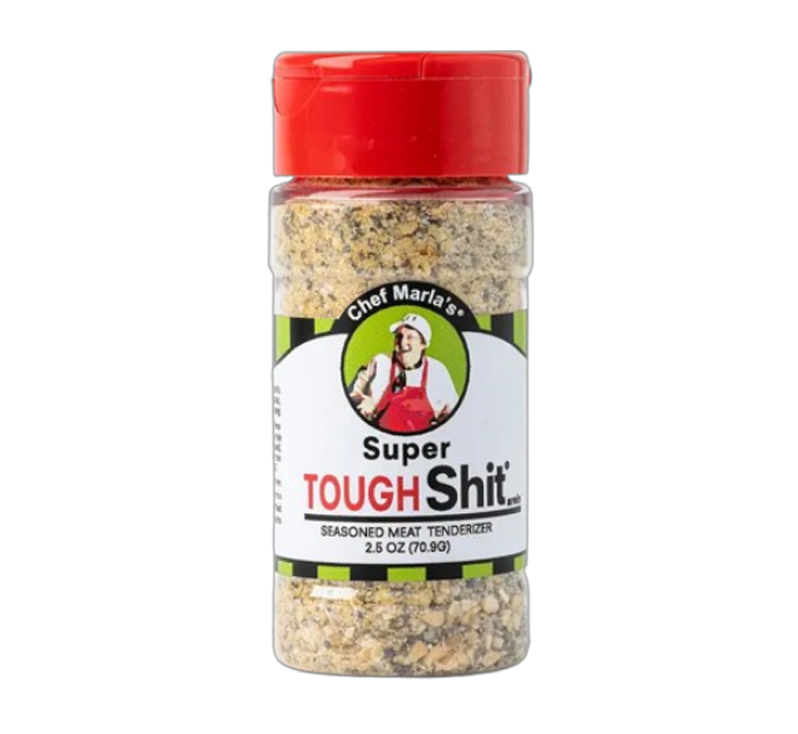 Tough Shit Garlicky Tenderizing Seasoning bottle with bold tenderizer branding