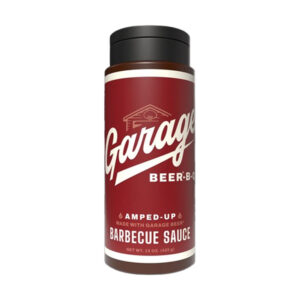 Amped-Up Garage Beer-B-Q barbecue sauce bottle with red label and black cap