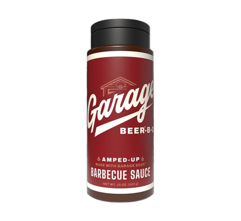 Amped-Up Garage Beer-B-Q barbecue sauce bottle with red label and black cap