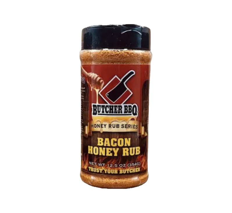 Bottle of Butcher BBQ Bacon Honey Rub Flavor with bacon-themed BBQ label