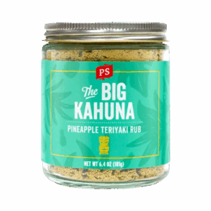 Big Kahuna Pineapple Teriyaki Rub seasoning in glass jar