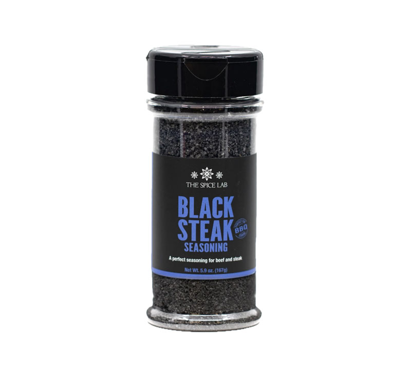 Black steak seasoning bottle with bold dark spice blend