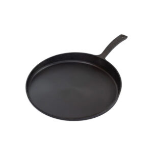 Cast iron skillet griddle on white background