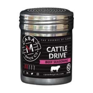 Cattle Drive Beef Seasoning in a stainless steel shaker by Casa M Spice Co
