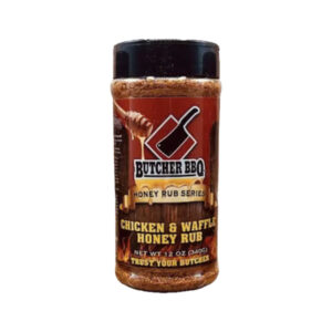 Bottle of Butcher BBQ Honey Rub Chicken and Waffle Flavor seasoning