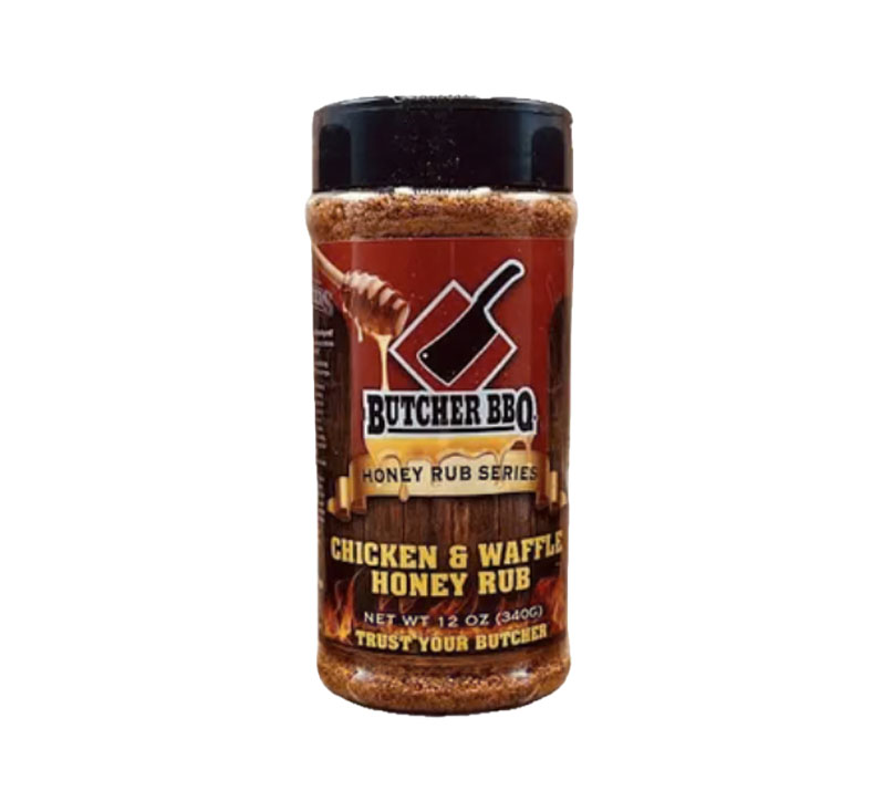 Bottle of Butcher BBQ Honey Rub Chicken and Waffle Flavor seasoning