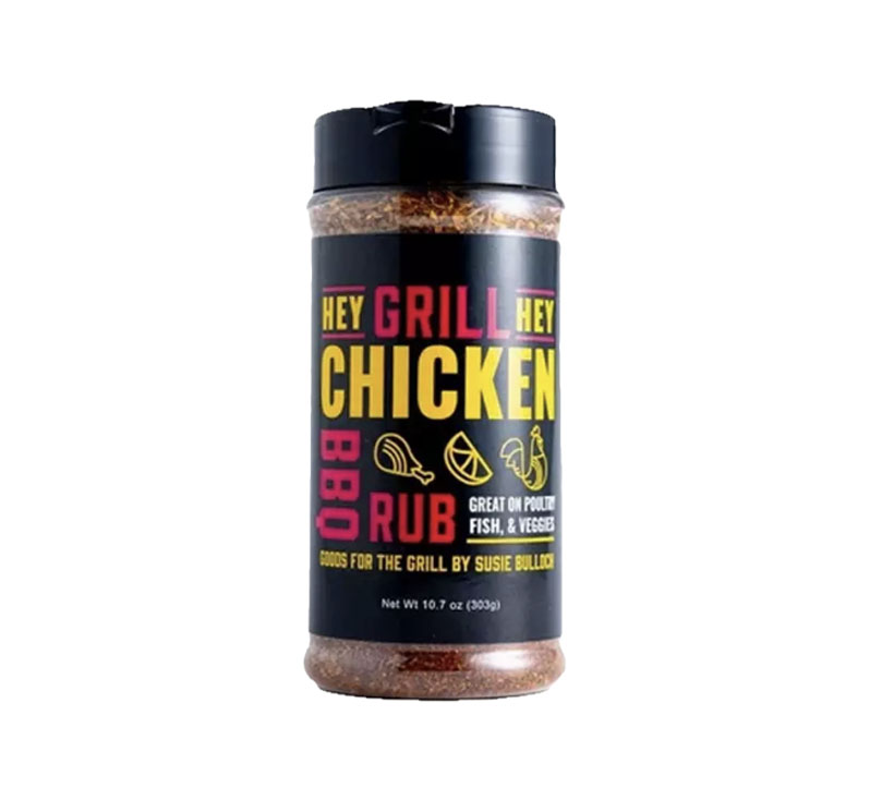Bottle of Hey Grill Hey Chicken Rub with clean BBQ label