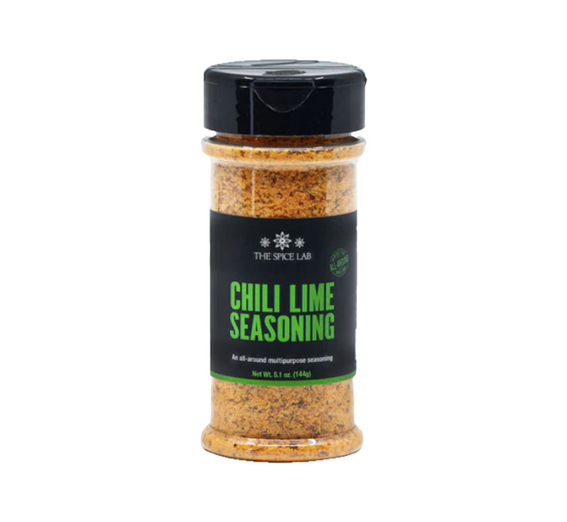 Chili lime seasoning bottle with citrus chili spice blend