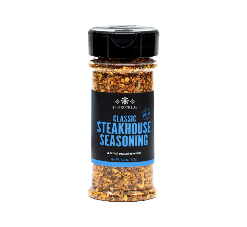 Classic steakhouse seasoning bottle with bold savory spice blend
