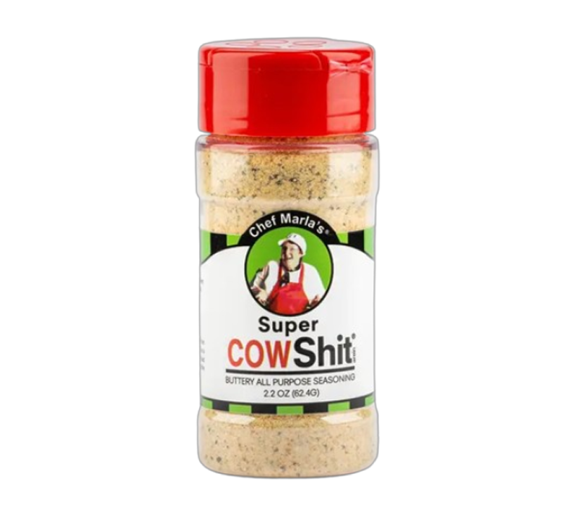 Cow Shit Buttery All-Purpose Seasoning bottle with buttery-themed design