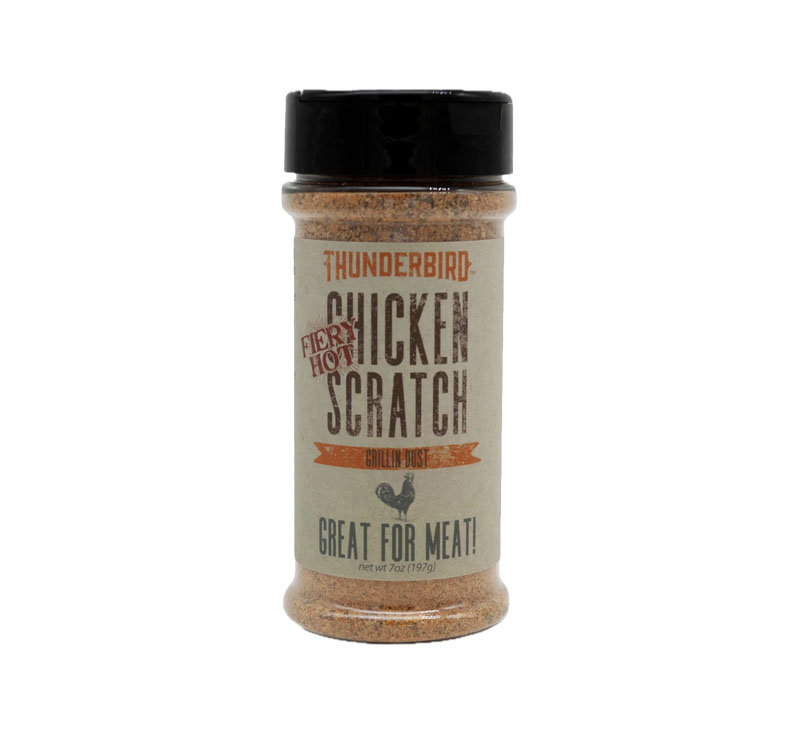 Lane’s BBQ Thunderbird Chicken Scratch Fiery spicy chicken seasoning bottle