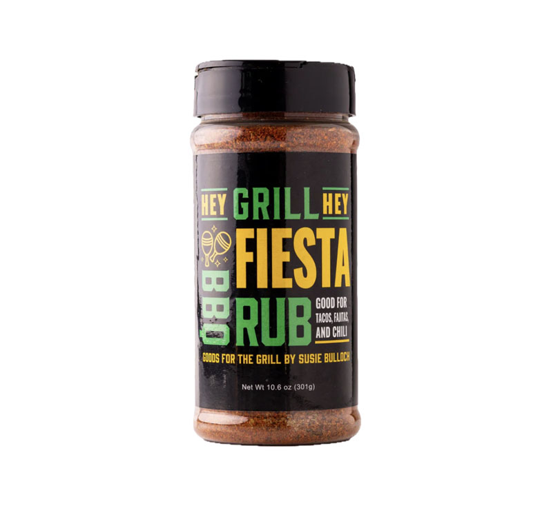 Bottle of Hey Grill Hey Fiesta Rub with colorful southwest-themed label