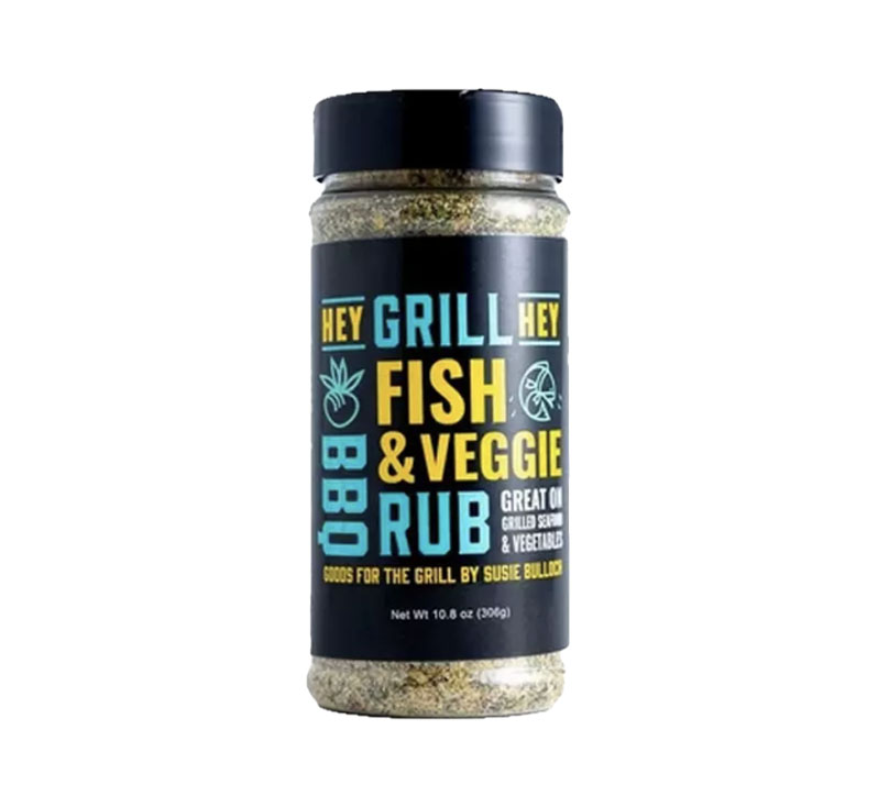 Bottle of Hey Grill Hey Fish and Veggie Rub with clean, fresh label