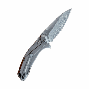 Open folding steak pocket knife with Damascus-style blade