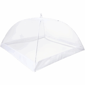Jumbo square mesh food umbrella covering grilled food outdoors