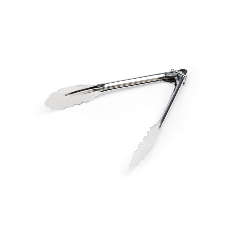 Stainless steel 9 inch locking kitchen tongs with scalloped edges