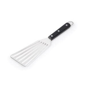 Stainless steel slotted fish spatula with black riveted handle