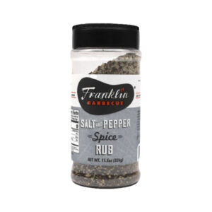 Bottle of Franklin Salt and Pepper Spice Rub with bold Texas-style label