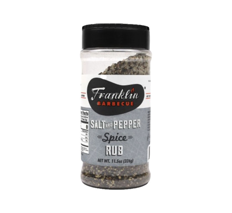 Bottle of Franklin Salt and Pepper Spice Rub with bold Texas-style label