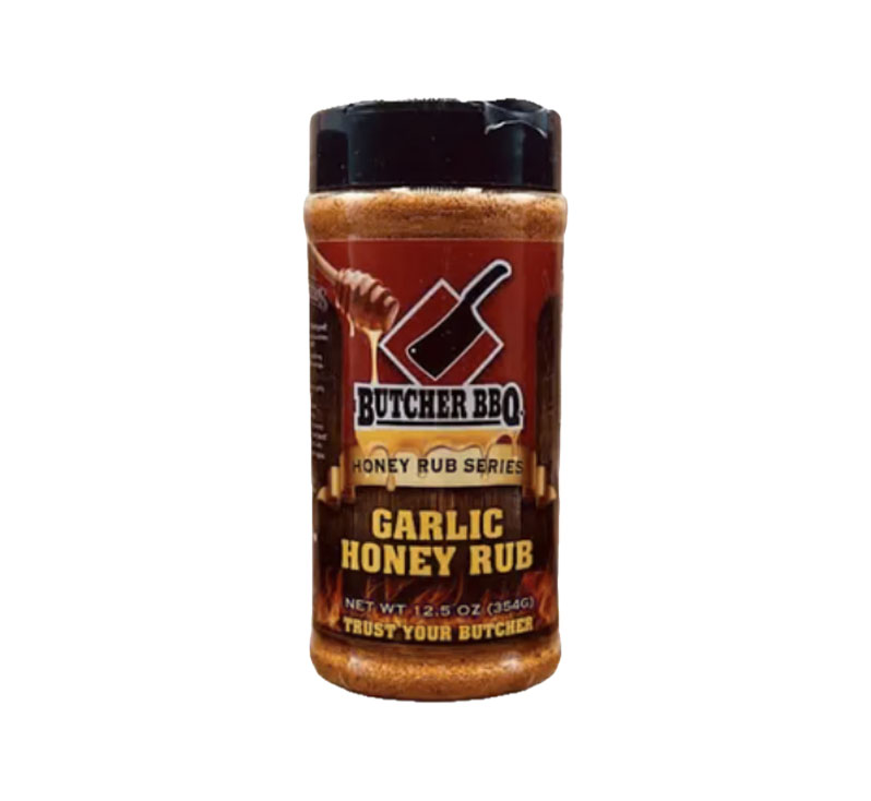 Bottle of Butcher BBQ Honey Rub Garlic Flavor with garlic-themed BBQ label