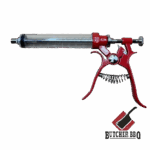 Gourmet Pistol Grip Meat Injector on white background with Butcher BBQ logo.